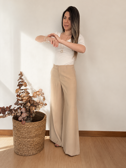 Pantalón Palazzo con pretina y cintura atrás elastizada Beige