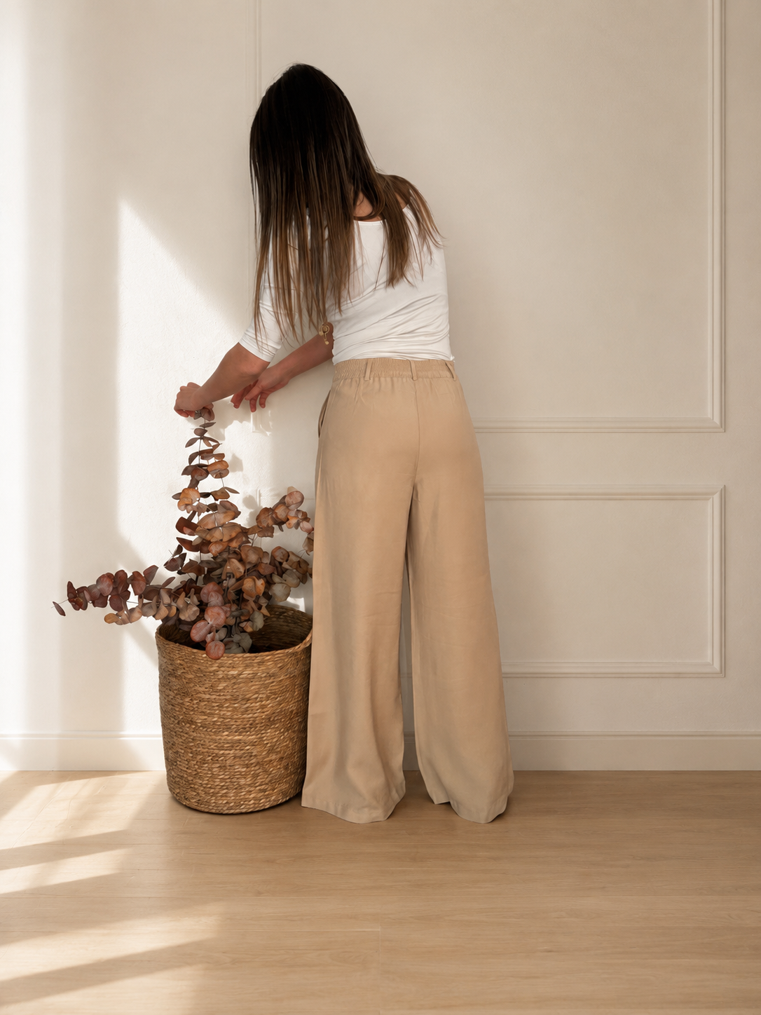 Pantalón Palazzo con pretina y cintura atrás elastizada Beige