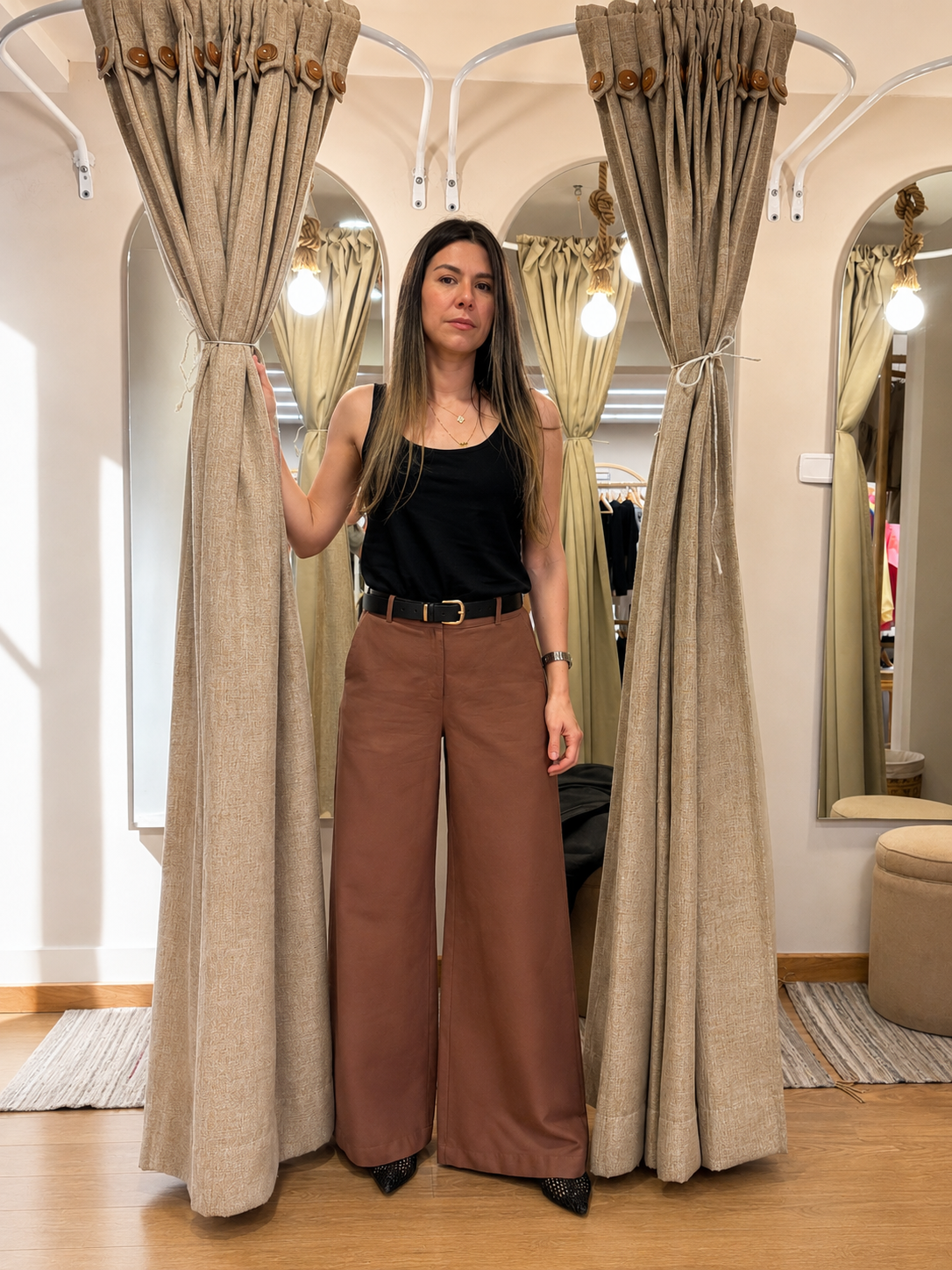 Pantalón Palazzo con pretina y cintura atrás elastizada Chocolate