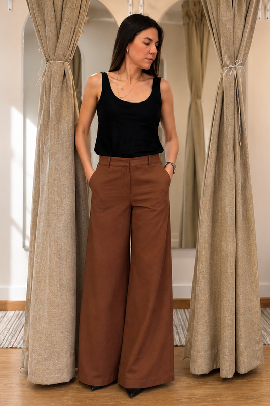 Pantalón Palazzo con pretina y cintura atrás elastizada Chocolate